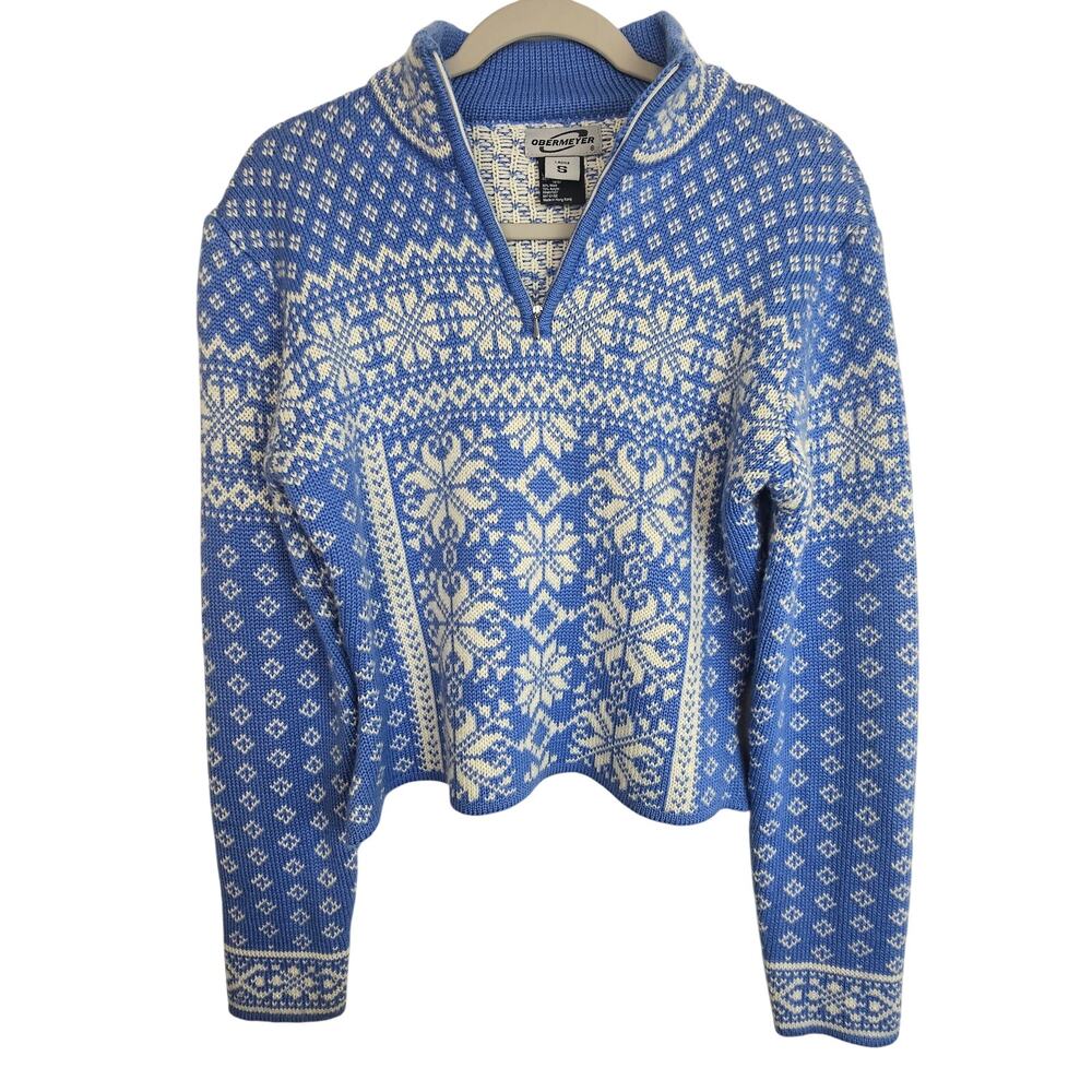 Obermeyer Womens Fair Isle Nordic Cropped Wool Sweater Sz S Ski Outdoor 1/4 Zip